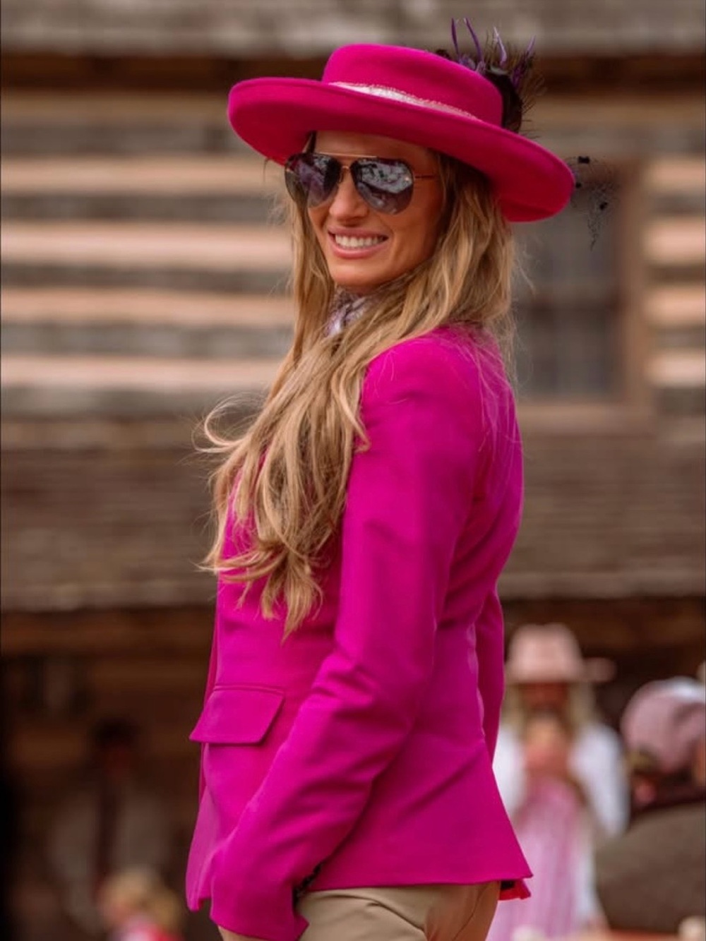 Women’s Fuchsia Wide-Brim Decorative Felt Hat with Feather Trim horse bit band - Picture 2 of 3